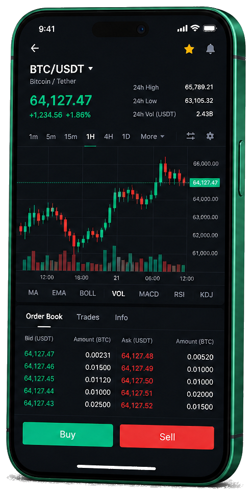 Nobile Rendivo piattaforma di trading mobile: grafico BTC/USDT aggiornato in tempo reale, registro ordini e pannello di acquisto/vendita